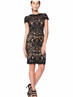 Tadashi Shoji Black Lace Overlay Nude Sheath Dress size 10